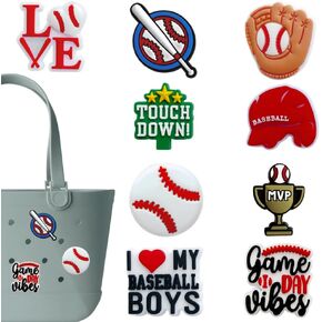 Baseball Charms for Bogg Bag, Baseball -Themed, Compatible with Simply Southern Beach Tote, 9 Pcs Beach Bag Charms Rubber Inserts Accessories for Women Girls (Baseball)
