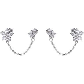 20g Double Flower CZ Screw Flat Back Small Stud Cuff Wrap Climber Crawler Earrings for Women Stainless Steel Silver Plated Flowers Short Chain Cartilage Two Holes Piercing Hypoallergenic Fashion Jewelry Gift