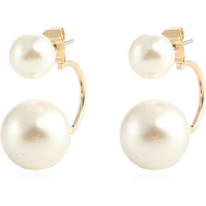 925 Sterling Silver Front Back Real breeding Freshwater Pearls 2 in 1 Adjustable Earrings Earrings Earmuffs Sleeves - Ladies 18K Gold Size Double Pearls-Silver