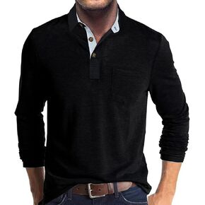 Men's Long Sleeve Polo Shirt with Pocket Fashion Button Polo T-Shirt Collared Athletic Work Casual Comfy Top Shirt