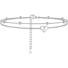 Initial Ankle Bracelets for Women, Dainty 925 Sterling Silver Letter A-Z Layered Anklet, Heart Ankle Bracelet Beach Jewelry, Come with Box