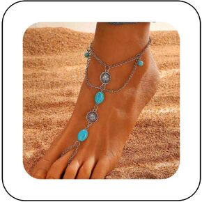 Vintage Turquoise Barefoot Sandals Chain Anklet Silver Turquoise Anklet Turquoise Anklet Foot Chain Turquoise Toe Ring Anklet Turquoise Toe Link Chain Anklet Jewelry for Women