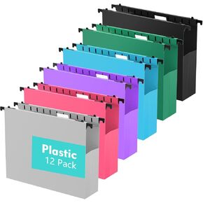 Ansook Extra Capacity Plastic Hanging File Folders,2" Expanding Accordian Pocket with Black Insert Gasket,Heavy Duty for Filing Cabinet,Durable Hang Folders,Letter Size,12 Pack,Assorted Color