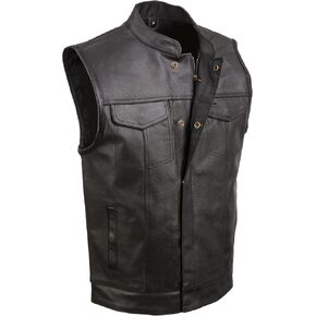 Men's Leather Motorcycle Vest Zipper & Snap Closure w/2 Inside Gun Pockets & Single Panel Back