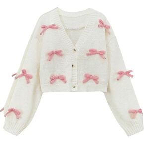 MakeMeChic Girl's 3D Bow Long Sleeve V Neck Button Down Cardigan Sweater Knitted Outerwear