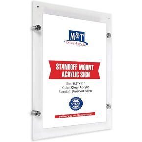 M&T Displays Wall Mount Floating Clear Acrylic Frameless Picture Frame with Brushed Silver Standoff Hardware and Magnets for 22x28 inch Sign Poster Photo Document Certificate Diploma or Display