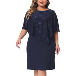 Agnes Orinda Plus Size Cape Dress with Lace Overlay for Women Bodycon Wedding Cocktail Party Pencil Dresses