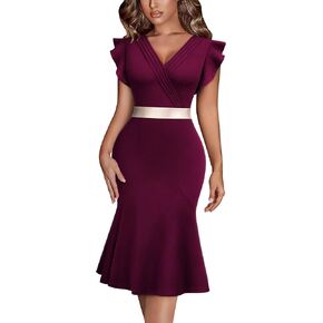 Miusol Women's Retro V-Neck Business Ruffle Style Cocktail Party Dress