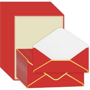 60Pcs Christmas Stationery Letterhead Paper Set Red Border Letter Writing Paper with Red Gold Envelopes for Xmas Greeting Card Invitation Office Printing, 8.5" x 11"