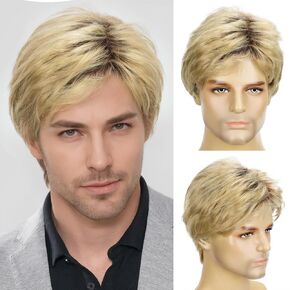 Mens Blonde Wig Short Straight Synthetic Blonde Hair Wigs for Men Guy Daily Wear Anime Costume Halloween Cosplay Party