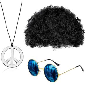 sanderala Hippie Costume Set Funky Afro Wig Sunglasses Peace Sign Necklace for 50/60/70s Theme Party