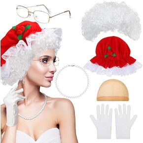 Shinymoon 6 Pcs Christmas Old Lady Costume for Women Includes Red Bonnet Grandma Wig with Hair Net White Gloves Wire Rim Granny Glasses Pearl Necklace for Cosplay Party