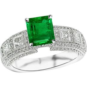 2.05 Carat t.w 14K White Gold Exquisite Bezel Set Princess Cut And Pave Set Round Diamond Engagement Ring w/a 1 Carat Princess Cut Green Emerald Heirloom Quality