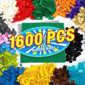 1600 Pieces Building Bricks, Building Bulk Block with 2 Packs 24x24 Studs Sticky Plate and 46PCS Wheel Accessory - 100% Compatible with Lego Bricks, Christmas Gfit for Kid - 18 Shape/16 Color