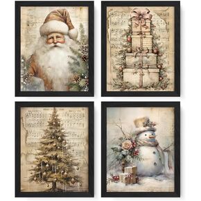 JXREQ Vintage Christmas Wall Decor Christmas Prints, Christmas Wall Art Posters Set of 4, Retro Christmas Wall Decor for Home Bedroom Living Room Office, Christmas Santa Trees Snowman Wall Decor, 8x10 Unframed