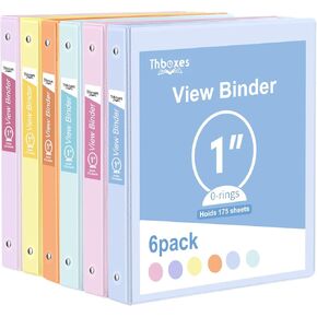3 Ring Binder - 6 Pack, 1 Inch Binder with 2 Interior Pockets & Clear View Overlay, Large Capacity, Round Ring Binders for Office Supplies, School & Home (6 Colors)