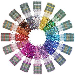 Allstarry Holographic Chunky Glitter 16 لونًا قزحي الألوان مكتنزة Craft Glitter Mixec رقائق الأظافر 0.35oz لكل جرة لراتنجات الايبوكسي، البهلوانات، الوحل، فنون المهرجانات، تزيين الأظافر بنفسك