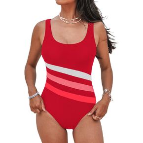 CUPSHE Women's One Piece Swimsuit Bathing Suit Scoop Neck U Back Color Block Athletic Modest Swimwear(XS-4XL)