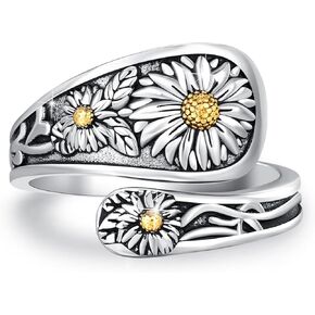 Sunflower Spoon Ring 925 Sterling Silver Sunflower Ring Adjustable Thumb Ring Boho Vintage Jewelry for Women Birthday Christmas Gifts
