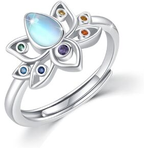 Moonstone Lotus Ring 925 Sterling Silver Lotus Flower Chakra Ring With Rainbow Yoga Lotus Ring Adjustable Protecting Jewelry Birthday Christmas for Women #7