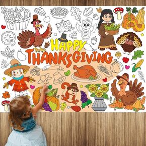 Kepeel Thanksgiving Coloring Poster, Giant Paper Coloring Banner Tablecloth for Kids Indoor Arts Crafts Activity, Coloring Table Cover Banner for Thanksgiving Party Supplies