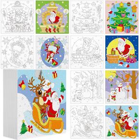 12 Pcs 6 x 6 Inch Christmas Pre Drawn Canvas for Painting Stretched Christmas Trees Santa Snowman Canvas Boards Painting Canvas with Pictures to Paint with Wood Easel for Christmas DIY Paint Supplies