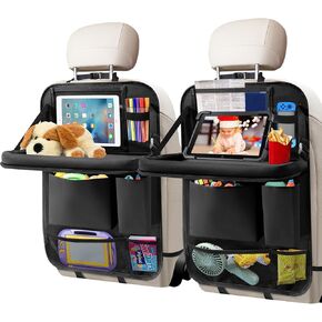 Car Backseat Organizer with Tablet Holder, 6 Storage Pockets Foldable Table Food Tray Seat Back Protectors Kick Mats Travel Accessories, 2 Pack Black