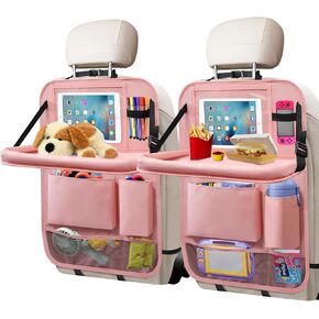 Car Backseat Organizer with Tablet Holder, 6 Storage Pockets Foldable Table Food Tray Seat Back Protectors Kick Mats Travel Accessories, 2 Pack Black