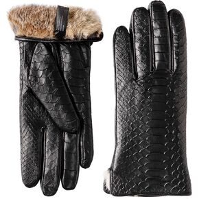 OXCMME Super Warm Fur Lined Leather Gloves Women Imprint Crocodile Pattern Lambskin Touchscreen Driving Gloves