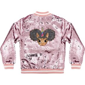 Girl's Sequin Jacket with Unicorn Studded Logo Patch - Sparkle Pink