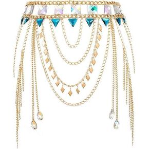 Asooll Rhinestone Layered Gold Waist Chain Sparkly Sequin Belly Chains Beach Bikini Dance Waist Accessories for Women