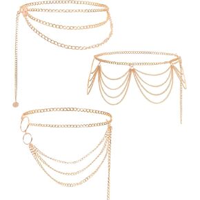 3 Pieces Belly Waist Chains for Women Multi Layer Chain Belt Multilayer Metal Body Link Belts Fashionable Belly Jewelry Adjustable Summer Beach Chain for Parties Jeans Dresses Dance Accessories