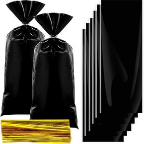 Clabby 100 Pieces Cellophane Bags Plastic Candy Bags Goodie Bags with Twist Ties Treat Bags Gift Bags for Gift Cookie Snack Packing Party Favor Supplies (Black)