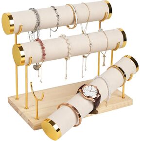Detachable 3 Tier Bracelet Holder – Elegant Three Tier Jewelry Stand & bracelet display stand, Velvet Wrapped Watch Holder with Wooden Base for Women, Beige