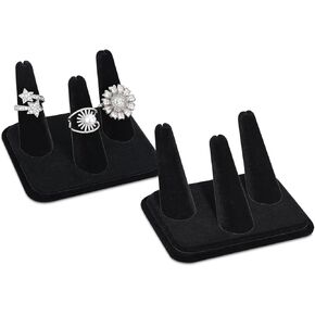 MOOCA 2 Pcs Set 3-Ring Organizer for Showcase Display Ring Finger Holder Jewelry Display Stands Showcase Jewelry Storage Counter, Black Velvet, 4 W x 3 1/4D x 2 3/8H inch