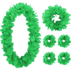 HOBBY HORSE 6 Pieces Hawaiian Luau Flower Leis Halloween Decor Leis Green Necklaces Bracelets Headband Anklets Set Tropical Party Favor for Halloween Cosplay Beach Wedding Birthday Party Supplies