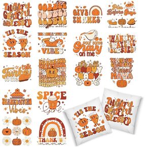 Whaline 16 Sheet Fall Groovy Heat Transfer Vinyl Stickers Boho Thanksgiving Iron on Vinyl HTV Patches Groovy Pumpkin Iron on Transfers Stickers for Autumn DIY Craft Fabric Clothes Bags Pillows Hats
