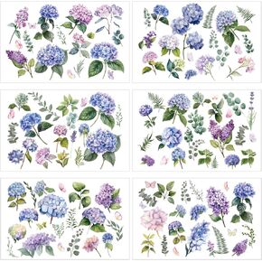Hydrangea Rub on Transfers for Crafts - 6 Sheets Vintage Rub on Transfers Flower Furniture Decals Waterproof Rub on Transfer Stickers for Wood Glass DIY Home Decor 11.8x7.9 Inch