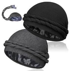 MLTUAGE 2 Pcs Upgraded Satin Lined Turban Silky Head Wraps for Men with Long Twist Straps, Halo Turban Durag Mens Turban Head Scarf for Hair