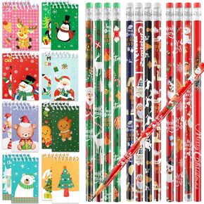 HOWAF 16pcs Christmas Mini Notepads with 12pcs Christmas Pencils, Christmas Spiral Notebooks with Wood Pencils for Kids Xmas Holiday Party Gifts Xmas Goodie Bags Filler Christmas Stocking Stuffers
