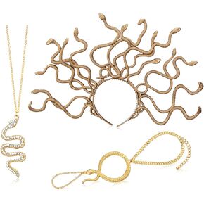 3 Pcs Halloween Medusa Snake Costume Medusa Headpiece Headband Adjustable Ring Bracelet Hand Chain Gold Rhinestone Pendant Snake Necklace for Women Jewelry Accessories
