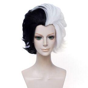 QACCF Short Layered Curly Half White Half Black Costume Mad Scientist Women Wig