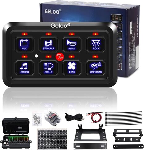 لوحة مفاتيح Geloo 8 Gang لوحة مفاتيح 12 فولت، نظام ترحيل مدمج للتحكم في التتابع يعمل باللمس، صندوق تبديل تلقائي قابل للتعتيم للتشغيل/الإيقاف، جراب تبديل LED لسيارة شاحنة قارب بحري على الطرق الوعرة، أزرق، أسود لامع in Kuwait