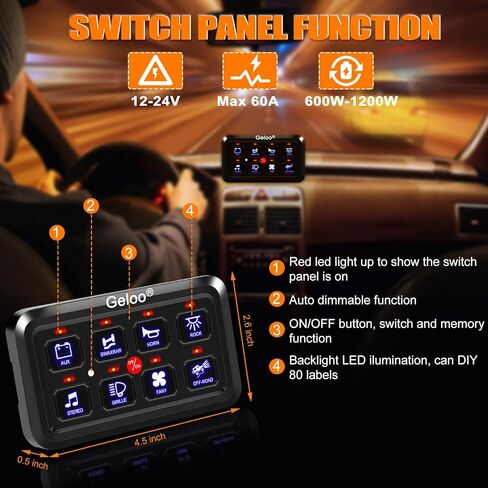 لوحة مفاتيح Geloo 8 Gang لوحة مفاتيح 12 فولت، نظام ترحيل مدمج للتحكم في التتابع يعمل باللمس، صندوق تبديل تلقائي قابل للتعتيم للتشغيل/الإيقاف، جراب تبديل LED لسيارة شاحنة قارب بحري على الطرق الوعرة، أزرق، أسود لامع in Kuwait