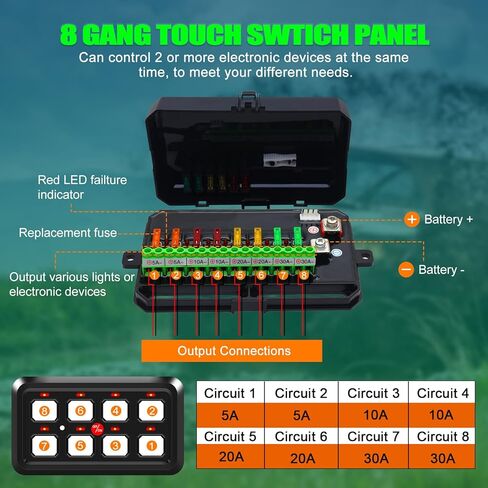لوحة مفاتيح Geloo 8 Gang لوحة مفاتيح 12 فولت، نظام ترحيل مدمج للتحكم في التتابع يعمل باللمس، صندوق تبديل تلقائي قابل للتعتيم للتشغيل/الإيقاف، جراب تبديل LED لسيارة شاحنة قارب بحري على الطرق الوعرة، أزرق، أسود لامع in Kuwait