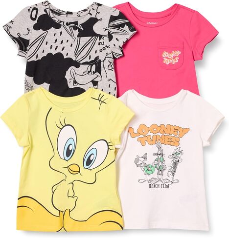 تي شيرتات قصيرة الأكمام للفتيات والأطفال الصغار من Amazon Essentials Looney Tunes، عبوة من 4 قطع in Saudi Arabia