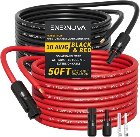 كابل شمسي 50 قدم 10AWG مع موصل أنثى وذكر مع زوج مجاني إضافي من الموصلات، كابل تمديد اللوحة الشمسية 10 سلك شمسي (50 قدم أحمر + 50 قدم أسود) in Saudi Arabia
