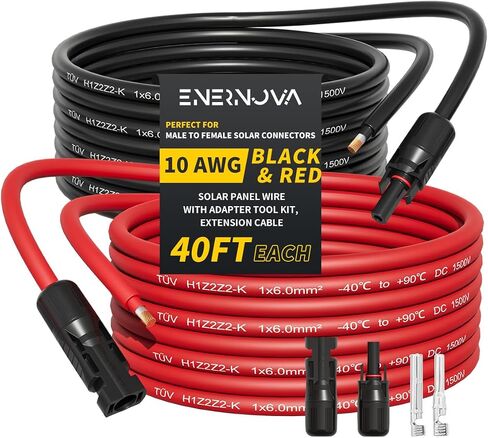 كابل شمسي 50 قدم 10AWG مع موصل أنثى وذكر مع زوج مجاني إضافي من الموصلات، كابل تمديد اللوحة الشمسية 10 سلك شمسي (50 قدم أحمر + 50 قدم أسود) in Saudi Arabia