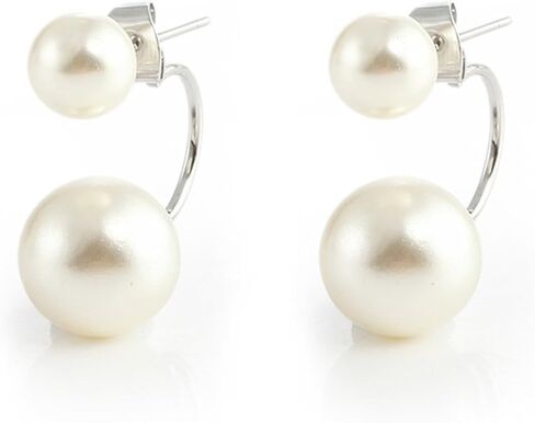 925 Sterling Silver Front Back Real breeding Freshwater Pearls 2 in 1 Adjustable Earrings Earrings Earmuffs Sleeves - Ladies 18K Gold Size Double Pearls-Silver in Saudi Arabia