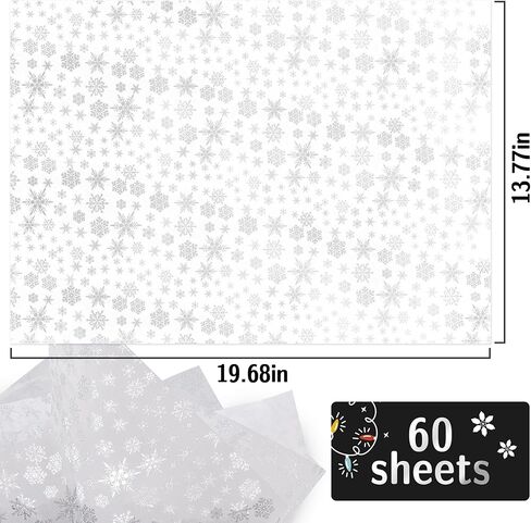 MR FIVE 60 ورقة بيضاء مع مجموعة مناديل ورق ندفة الثلج الفضية، 35.56 سم × 50.8 سم، ورق مناديل عيد الميلاد ندفة الثلج لأكياس الهدايا، ورق مناديل ندفة الثلج الفضية لحفلة عيد الميلاد in Kuwait